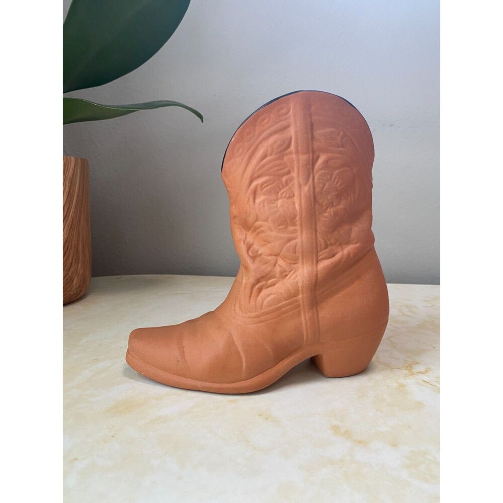 Vintage 7” Frankoma Terracotta Cowboy Boot Wall Pocket Vase Tan Western #133